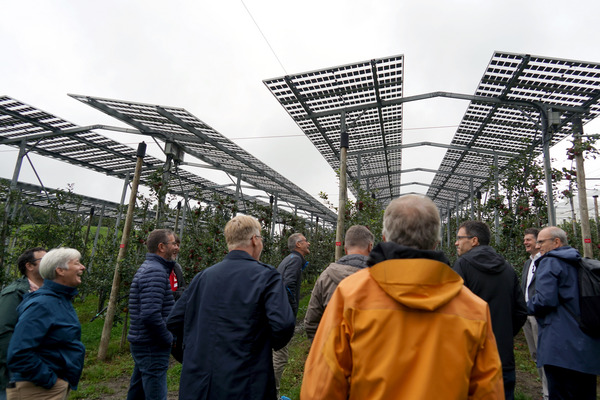 Eine Grupe von ca. 15 Menschen steht in Regenjacken vor einer Apfelanlage mit Solarpanels darüber. Der Himmel ist grau. Im Vordergrund trägt ein Herr im mittleren Alter eine sonnengelbe Jacke.